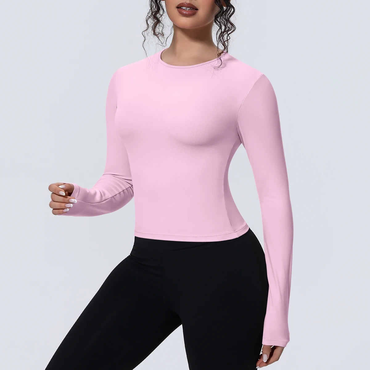 Camiseta de manga larga para mujer: ideal para yoga, gimnasio, deporte y running. Corte entallado, transpirable y de color liso.