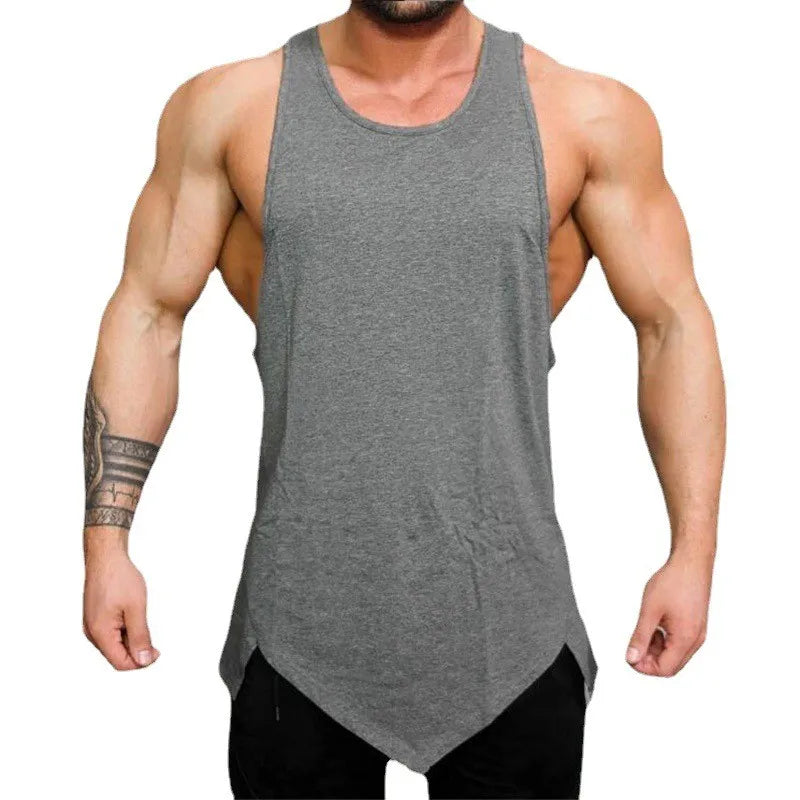 Camiseta de tirantes musculosa para hombre (verano): sin mangas, bajo irregular, estilo fitness y gimnasio, algodón, ropa casual.