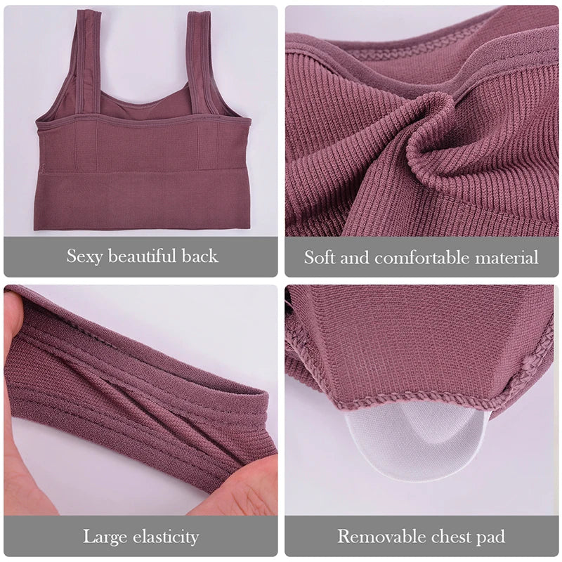 Top deportivo transpirable y antitranspirante para mujer: sujetador de yoga sin costuras, resistente a impactos, estilo crop top con efecto push-up para gimnasio y entrenamiento.