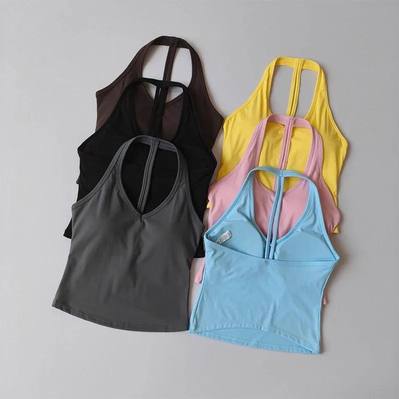 Sujetador deportivo para mujer con cuello en V y diseño halter